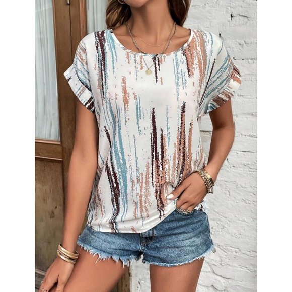 NEW Brush Print Short Sleeve Blouse S - Picture 5 of 6